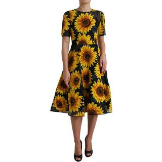 Dolce & Gabbana Sort Sunflower Print Nylon A-line Midi Kjole