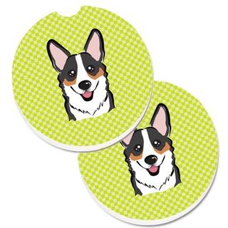 """" Caroline's Treasures Checkerboard Lime Green Corgi Sæt med 2 Cup Holder Car Coasters BB1317Carc 2.56 Multicolor """"