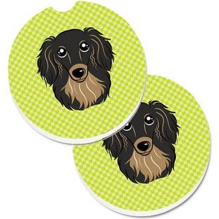 """" Caroline's Treasures Checkerboard Lime Green Longhair Black & Tan Dachshund Sæt med 2 Cup Holder Car Coasters BB1275Carc 2.56 Multicolor """"