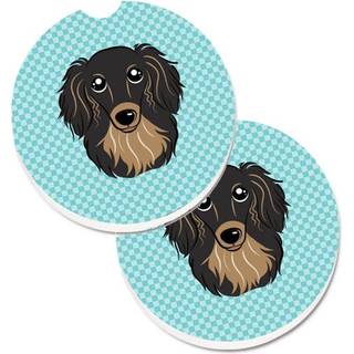 """" Caroline's Treasures Checkerboard Blue Longhair Black & Tan Dachshund Set på 2 Cup Holder Car Coasters BB1151Carc 2.56 Multicolor """"