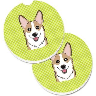 """" Caroline's Treasures Checkerboard Lime Green Corgi Sæt med 2 Cup Holder Car Coasters BB1315Carc 2.56 Multicolor """"