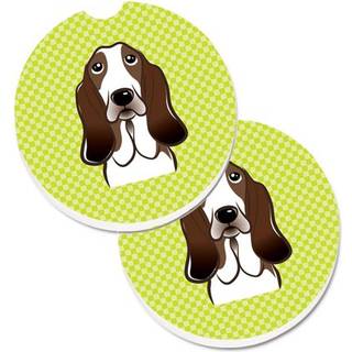 """" Caroline's Treasures Checkerboard Lime Green Basset Hound Set med 2 Cup Holder Car Coasters BB1305Carc 2.56 Multicolor """"