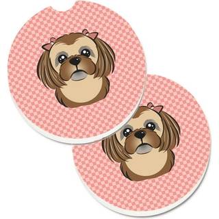 """" Caroline's Treasures Checkerboard Pink Chocolate Brown Shih Tzu Sæt med 2 Cup Holder Car Coasters BB1249Carc 2.56 Multicolor """"