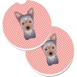 """" Caroline's Treasures Checkerboard Pink Yorkie Puppy Set med 2 Cup Holder Car Coasters BB1232Carc 2.56 Multicolor """"