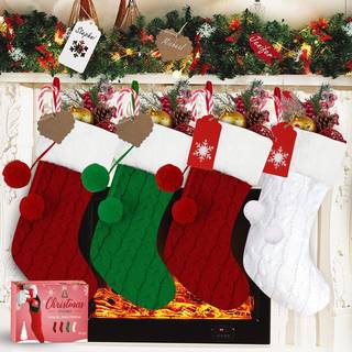 RFAQK Personlige julestrømper - Stor kabelstrik strømper med overdådige faux pels julestrømper til julesæt på 4 med navneskilt