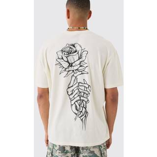 Mens Ecru Oversized Washed Rose Line Drawn Back Print T-Shirt
