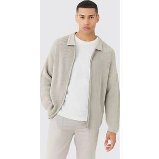 Mens Light Grey Regular Fit Dual Zip Through Fisherman Knit Jumper