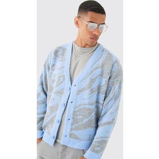 Mens Blue Boxy Oversized Brushed Abstract All Over Cardigan