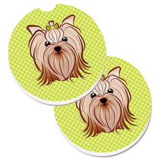 """"Caroline's Treasures Checkerboard Limegr?n Yorkie Yorkishire Terrier S?t med 2 kopholdere bilsk?nere BB1266CARC 2.56 Multicolor""""