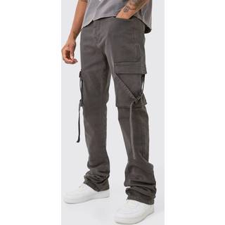 Mens Charcoal Tall Fixed Waist Slim Stacked Flare Strap Cargo Trouser