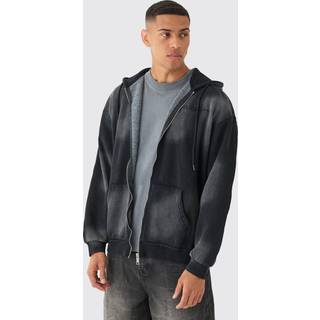 Mens Black Man Oversized Sun Bleach Washed Zip Through Hoodie