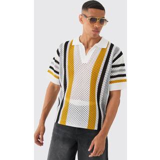 Mens Oversized Boxy Open Stitch Stripe Polo In White