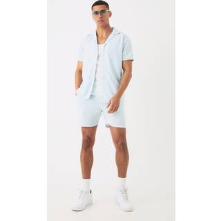 Mens Blue Regular Revere Linen Blend Shirt & Short Set