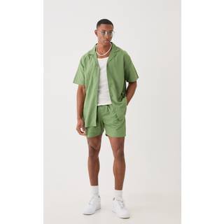 Mens Olive Short Sleeve Oversized Linen Blend Shirt & Short Set