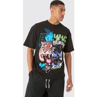 Mens Black Oversized Spliced Tiger Space Graphic T-shirt