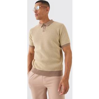 Mens Regular Fit Ribbed Open Stitch Contrast Polo In Taupe