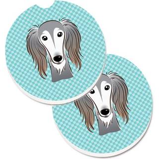 """" Caroline's Treasures Checkerboard Blue Saluki Sæt med 2 Cup Holder Car Coasters BB1167Carc 2.56 Multicolor """"