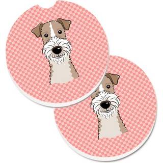 """" Caroline's Treasures Checkerboard Pink Wire Haired Fox Terrier Set med 2 Cup Holder Car Coasters BB1247Carc 2.56 Multicolor """"