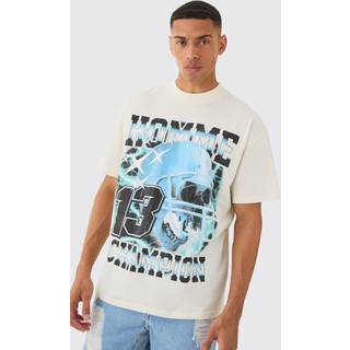 Mens Ecru Oversized Extended Neck Varsity Helmet Wash Print T-shirt