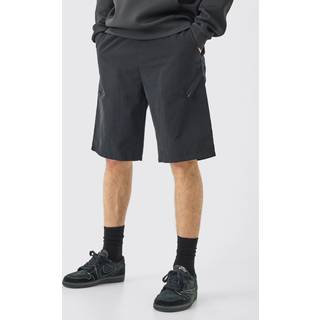 Mens Black Tall Elasticated Waist Asymmetric Zip Shorts