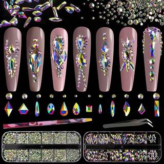 Multiformer 3D Glass AB Crystal Nail Art Rhinestones Kit med flatback rund perle charme perle sten smykker diamant med pickup penn + pincet til m