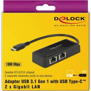 DELOCK Adapter SuperSp. USB3.1 Gen1 + USB/C > 2x Gigabit LAN