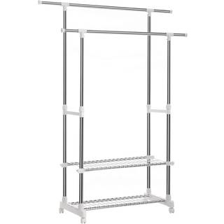 Songmics tøjskinner, dobbelt hængende skinner med 2-lags hylder, teleskopisk udvideligt frakkeholder med hjul, rustfrit stålbelagte jernrør, 154 x 42