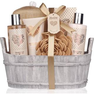 SPA GAVE BASKET - BAD OG BODY SET MED VANILLAFUID AF LOVESTEE - GAVE BASKET inkluderer brusegel Body Lotion Hand Lotion Bath Salt Eva Sponge and