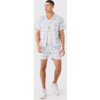 Mens Blue Boxy Check Paisley Embroidered Shirt And Short