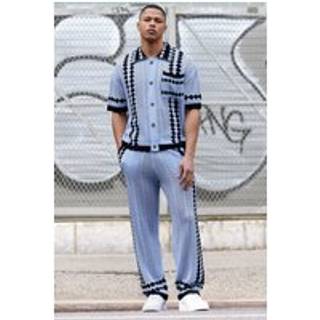Mens Blue Boxy Open Stitch Polo Trouser Knitted Set