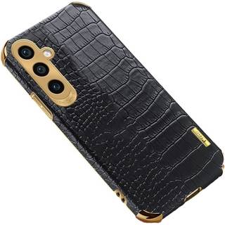 SKALO Samsung A15 5G Crocodile Guldkant Cover - Sort
