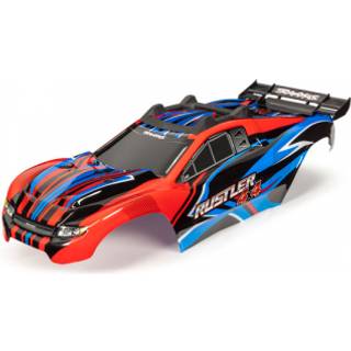 Traxxas - TRX6734R - Rustler® 4X4 VXL Karosseri i Rød og Blå tema. Med skid plate, spoiler og Karosseri fastgørelse