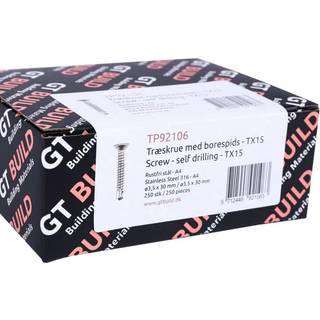 GTBUILD træskrue med borespids, TX15, rustfri A4, 3,5 x 30 mm - 250 stk.