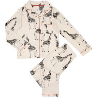 Chelsea Peers Chelsea Peers Cream Kids Cotton Giraffe Print Cuban Collar Button Up Long Pyjama Set