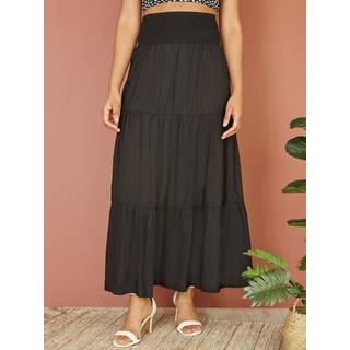 Yumi Yumi Black Voile Palm Leaf Print Ruched Waist Midi Skirt
