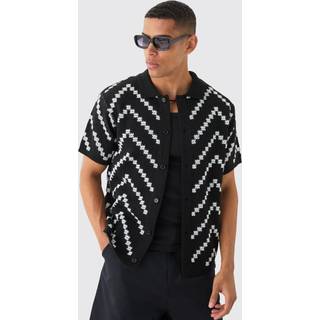 Mens White Open Knit Stripe Shirt In Black