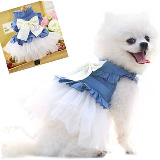 ANIAC Bl Denim Hundekjoler til lille hund Pige Forr Sommer Hvalpetj Fancy kjole til hunde Kat Hvid blonder Pet Tutu Outfit til fdselsdag Bryl