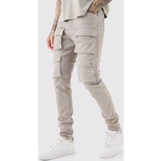 Mens Dark Grey Tall Fixed Waist Skinny Multi Cargo Pocket Trouser