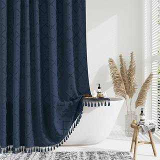 Dynamene Navy Blue Fabric Broesforhæng Boho tuftet geometrisk stribet kvast bruseforhæng til badeværelse lurvet chic moderne bondegård vandtæt kl