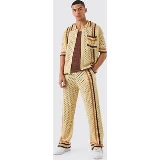 Mens Stone Boxy Open Stitch Polo Trouser Knitted Set