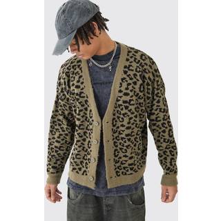 Mens Khaki Boxy Oversized Brushed Leopard All Over Cardigan