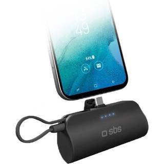 SBS Powerbank Nano Tube 12W / 5.000mAh m. Stand & USB-C Kabel - Sort