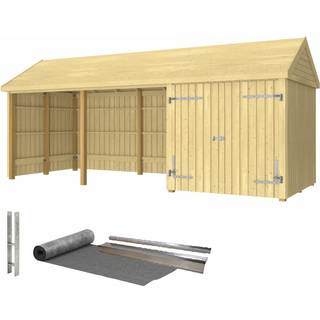 PLUS Classic Multi havehus i 3 moduler med dobbeltdør og åben front inkl. tagpap/alulister/H-stolpefødder, natur/nåletræ - 14,5 m²