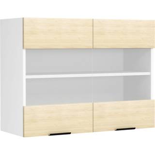 Fasola overskab køkken 80 cm 2 glaslåger eg dekor, hvid.