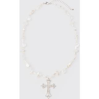 Mens Iced Cross Pearl Necklace In Silver