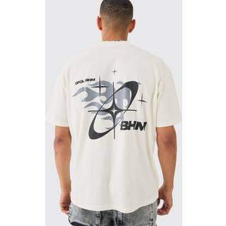 Mens Ecru Oversized Boxy Extended Neck BHM Flame Back Print T-shirt
