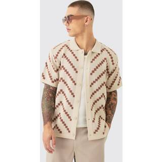 Mens Regular Fit Open Knit Stripe Shirt In Ecru