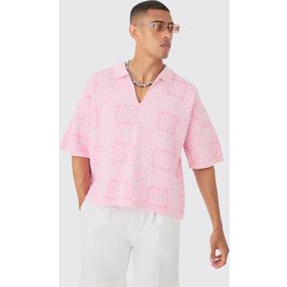 Mens Pink Oversized Boxy Crochet Knitted Polo