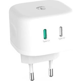 Nedis - Vægoplader | 45 W | GaN | PD3.0 45W | Hurtigopladningsfunktion | 2.25 A / 3.0 A | Antal output: 2 | 2x USB-C™ | Automatisk Valgt Spænding | Hvid - WCGPD45W100WT