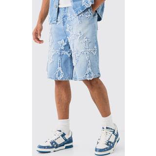 Mens Distressed Cross Applique Denim Jorts In Light Blue